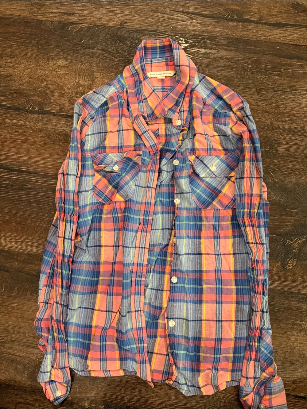 Womens Plaid Button-Up Shirt - Coral & Blue